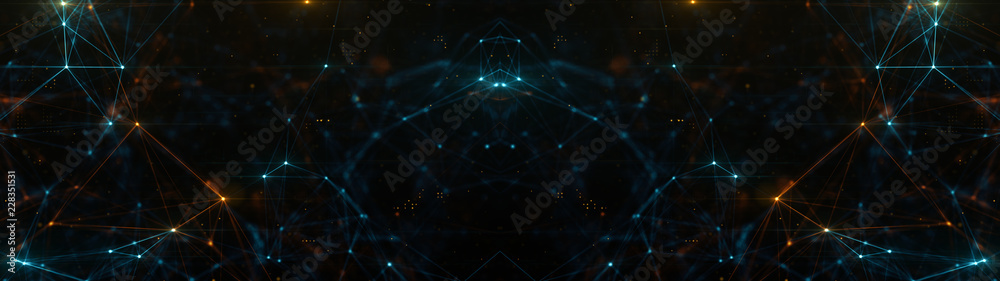 Poster abstract ultra wide plexus structure of many glowing lines and particles. orange blurred background 