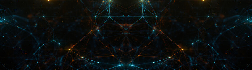 Obraz premium Abstract ultra wide plexus structure of many glowing lines and particles. Orange blurred background with digital composition and optical flares. 3d rendering