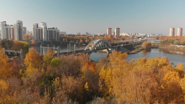 railway bridge across river in Khimki city, Russia