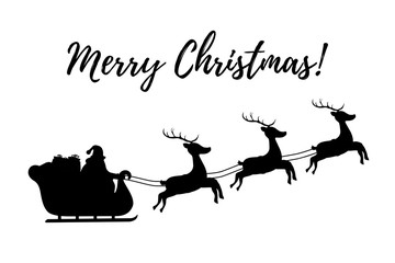 Vector silhouette of sleigh with Santa Claus and reindeers