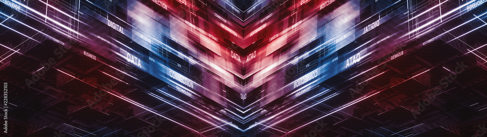 Wall mural digital cubic geometric structure. connection concept. lots of carbon fiber blocks with glowing line