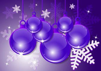 New Year, Christmas background with festive balls. Snowflakes. Design and decoration. Vector illustration.