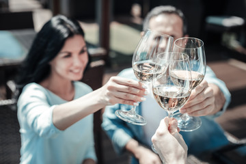 Tasty wine. Silhouette of pretty brunette that keeping smile on her face and raising arm while touching glasses while her friends