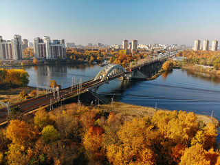 Naklejka premium railway bridge across river in Khimki city, Russia