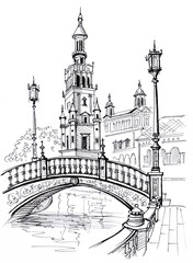 Fototapeta premium Plaza of Spain w Sewilli. Szkic podróży. Andaluzja, Hiszpania, Europa. Ilustracja książki handdrawn, pocztówka turystyczna lub plakat.
