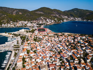 Fototapeta na wymiar Top view of the houses and sea Marina in Poros island, Aegean sea, Greece.