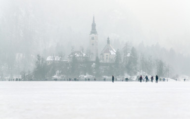 Fototapeta na wymiar Frozen lake Bled in winter close-up on the island
