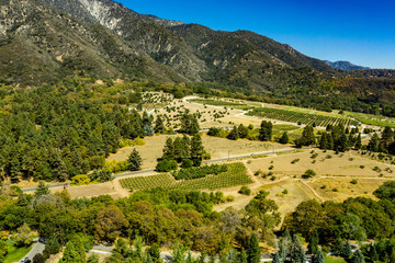 Fototapeta na wymiar Aerial, drone view of Oak Glen located between the San Bernardino Mountains and Little San Bernardino Mountains with several apple orchards before the Fall color change
