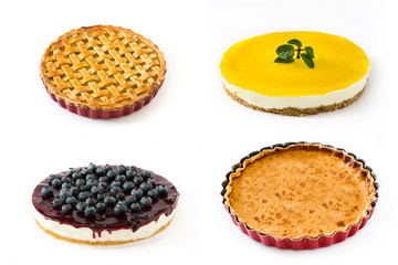 Pie and cake collage. Lemon pie, blueberry cheesecake, pumpkin pie and apple pie isolated on white background

