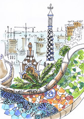 Barcelona, Park Guell, Spain. Travel sketch.  Spain, Europe. Handdrawn book illustration, touristic postcard or poster. Picture made markers. - obrazy, fototapety, plakaty