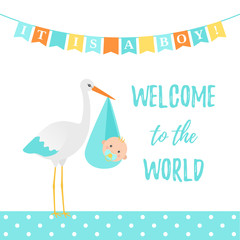 Baby Shower boy card. Vector. Cute blue banner with stork, kid, flags, polka dot pattern. Baby boy birth party poster in flat design. Sweet template invite background. Colorful cartoon illustration.