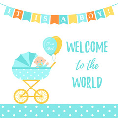 Baby Shower boy card. Vector. Cute blue banner with pram, kid, flags, polka dot pattern. Baby boy birth party poster in flat design. Sweet template invite background. Colorful cartoon illustration.