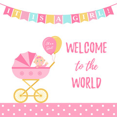 Baby Shower girl card. Vector. Cute pink banner with pram, kid, flags, polka dot pattern. Baby girl birth party poster in flat design. Sweet template invite background. Colorful cartoon illustration.