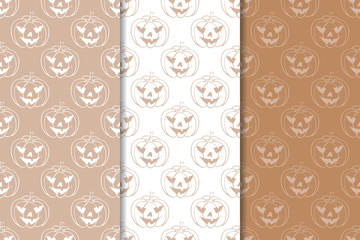 Halloween pumpkin patterns. Brown and white seamless backgrounds