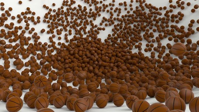 Animated great amount of basketballs falling onto white base or background bouncing and then tumbling or rolling toward the center.