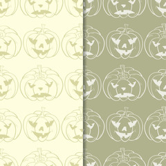 Halloween pumpkin patterns. Olive green seamless backgrounds