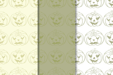 Halloween pumpkin patterns. Olive green seamless backgrounds
