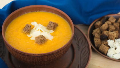 pumpkin soup puree, bread and cheese