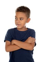 Pensive small child with blue t-shirt