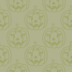 Halloween pumpkin pattern. Olive green seamless background