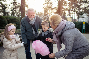 Grandparents having fun with their grandchildren in city park.