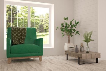Idea of white room with armchair and summer landscape in window. Scandinavian interior design. 3D illustration