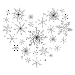 Vector postcard design. Hand drawn doodle snow elements. Beautiful heart shape made of black monochrome snowflakes isolated on white background. Charming winter poster.