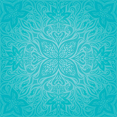 Turquoise Flowers, decorative ornate holiday vector vintage background floral mandala design