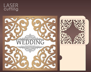 Die laser cut wedding card vector template. Invitation envelope with lace frame. Wedding lace invitation mockup. Template for cutting. Die cut pocket envelope template.
