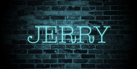 Fototapeta na wymiar first name Jerry in blue neon on brick wall