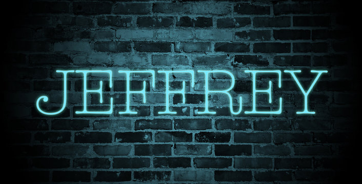 first name Jeffrey in blue neon on brick wall
