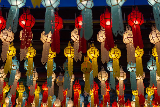 Thai lanna lantern with light at night .