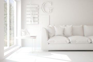 White room with sofa. Scandinavian interior design. 3D illustration
