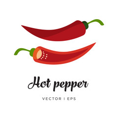 Red hot spicy chili pepper and a half of paprika with seeds, vector editable illustration. Simple flat style.