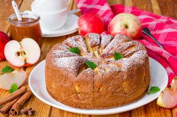 Delicious apple pie with cinnamon and caramel sauce. Traditional cake Charlotte.