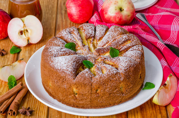 Delicious apple pie with cinnamon and caramel sauce. Traditional cake Charlotte.