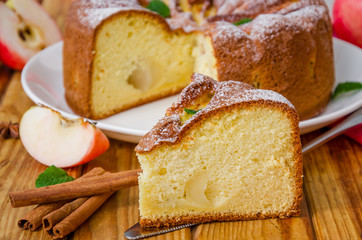 Delicious apple pie with cinnamon and caramel sauce. Traditional cake Charlotte.