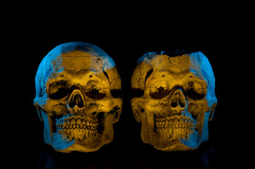 Ceramic skulls on black background. Halloween decor.