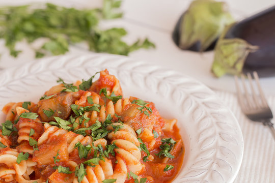 Fusilloni pasta with eggplant sauce.