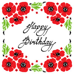 Hand drawn sketch of Red Poppies. Happy Birthday Card. Vector illustration.
