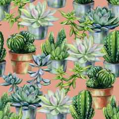 Seamless watercolor pattern with cactus and succulents in pots. Cacti and stone rose illustration for print, home or garden decoration, wrapping paper, textile or wallpaper. Florarium art. 