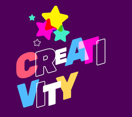 Creativity broken text colored rainbow with star concept. Vector creative illustration of multicolor creativity business word lettering typography on dark background.