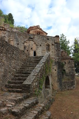 Fototapeta na wymiar Stairway to Peribleptos Monastery, ruins of abandoned ancient city Mystras, Peloponnese, Greece
