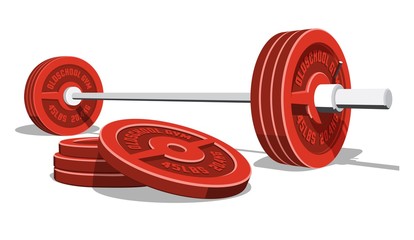 Weightlifting barbell with a stack of red discs. 3D vector illustration.