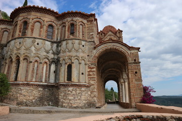 Fototapeta premium Closeup view to byzantium Pantanassa's Monastery in ancient abandoned city Mystras, Peloponnese, Greece