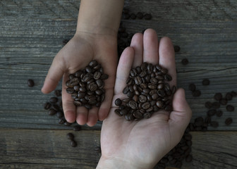 Kind Erwachsener Vater halten Kaffee Bohnen in der Hand 
