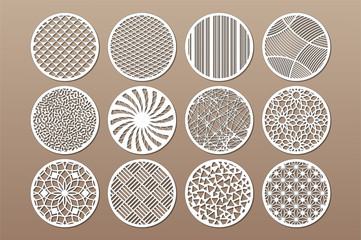 Set round template for cutting. Abstract line, geometric pattern. Laser cut. Set ratio 1:2. Vector illustration.