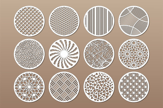 Set round template for cutting. Abstract line, geometric pattern. Laser cut. Set ratio 1:2. Vector illustration.