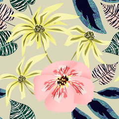 Seamless retro floral pattern. Yellow, pink flowers on a light background.