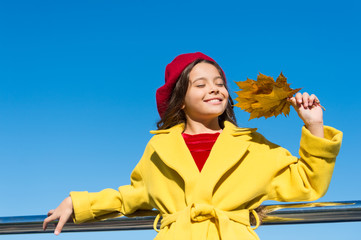 Little girl excited about autumn season. Autumn warm season pleasant moments. Kid girl smiling face hold leaves sky background. Child with autumn maple leaves walk. Autumn coziness is just around